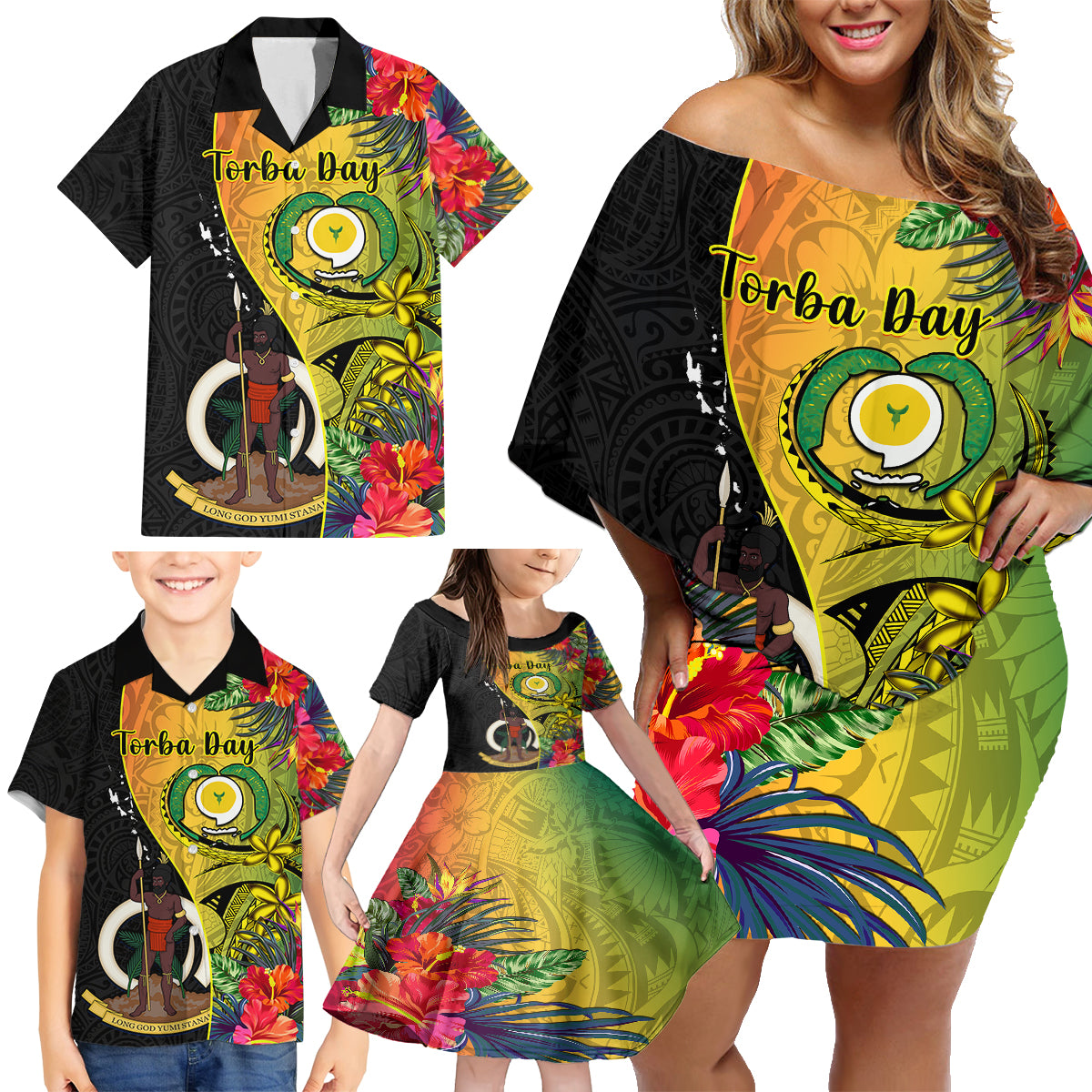 Vanuatu Torba Day Family Matching Off Shoulder Short Dress and Hawaiian Shirt Coat Of Arms Mix Tropical Flowers - Wonder Print Shop