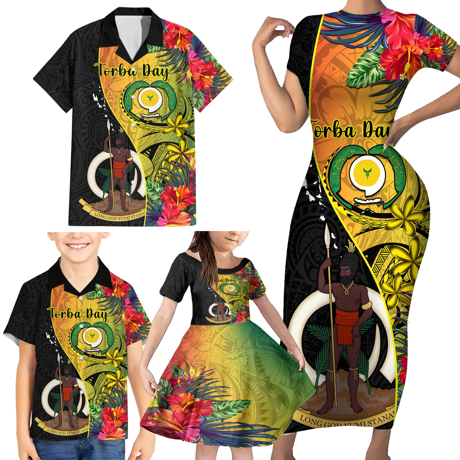 Vanuatu Torba Day Family Matching Short Sleeve Bodycon Dress and Hawaiian Shirt Coat Of Arms Mix Tropical Flowers - Wonder Print Shop