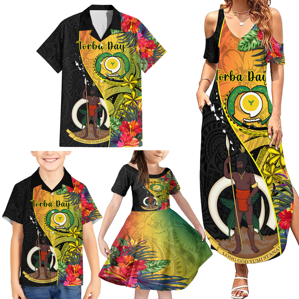 Vanuatu Torba Day Family Matching Summer Maxi Dress and Hawaiian Shirt Coat Of Arms Mix Tropical Flowers - Wonder Print Shop