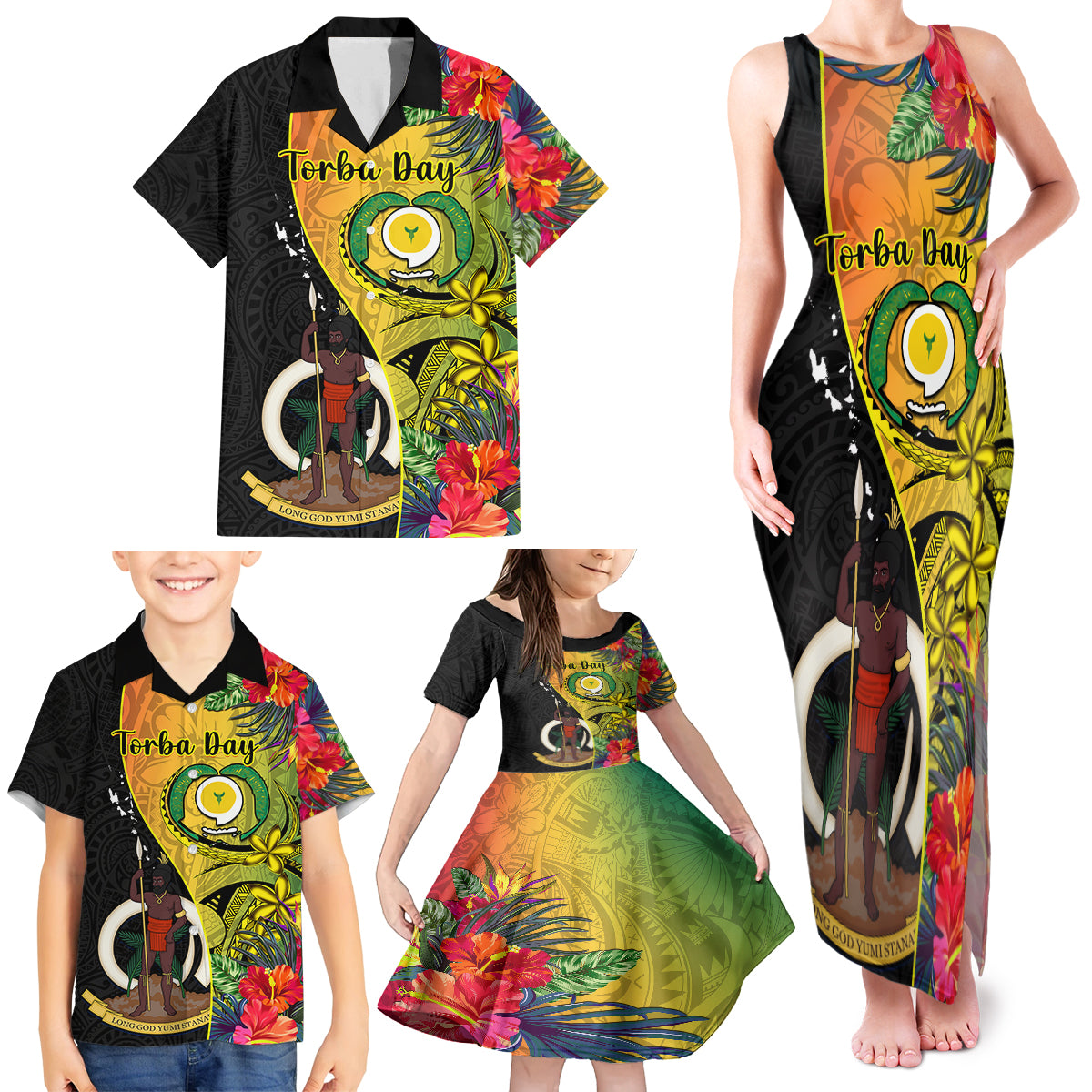 Vanuatu Torba Day Family Matching Tank Maxi Dress and Hawaiian Shirt Coat Of Arms Mix Tropical Flowers - Wonder Print Shop