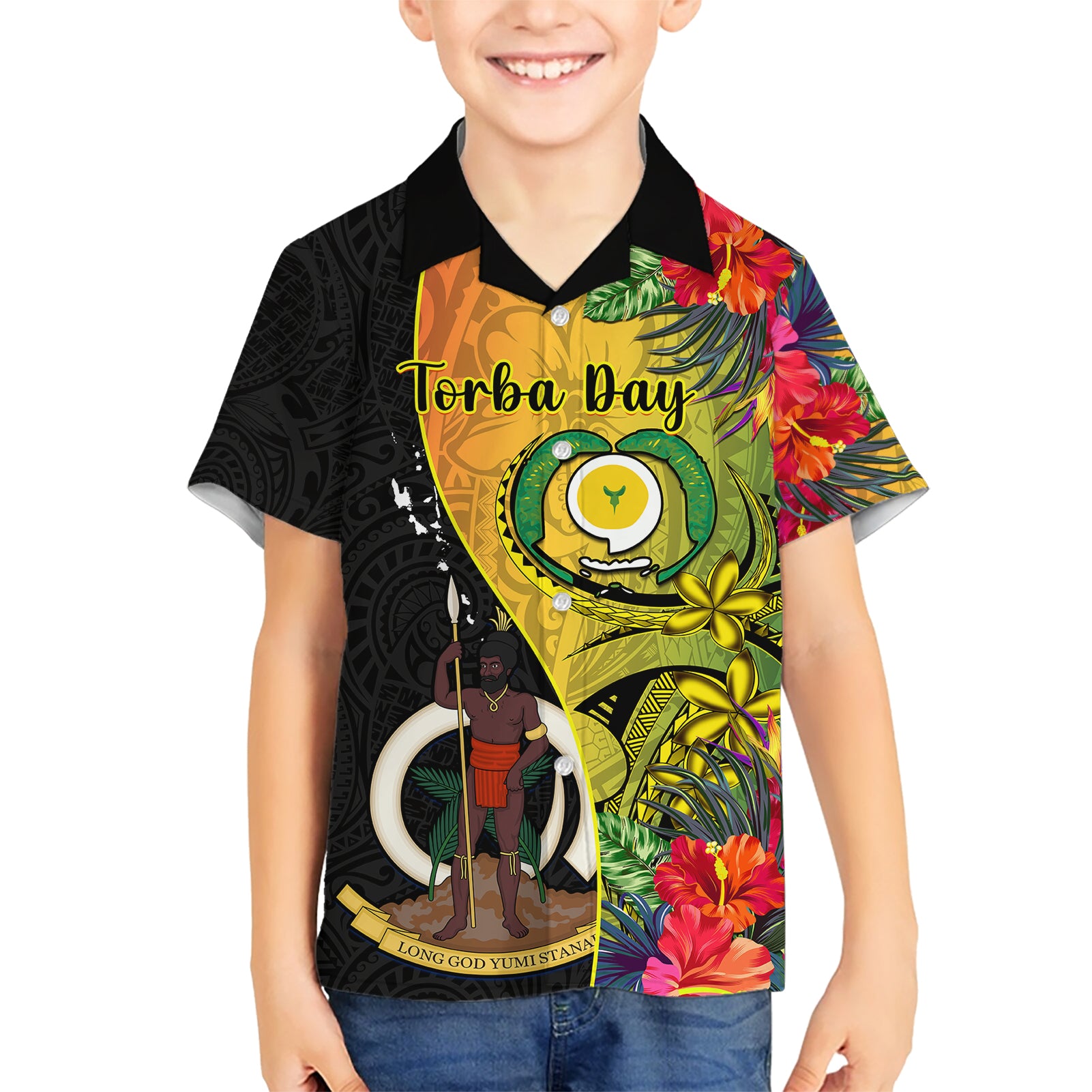 Vanuatu Torba Day Kid Hawaiian Shirt Coat Of Arms Mix Tropical Flowers - Wonder Print Shop