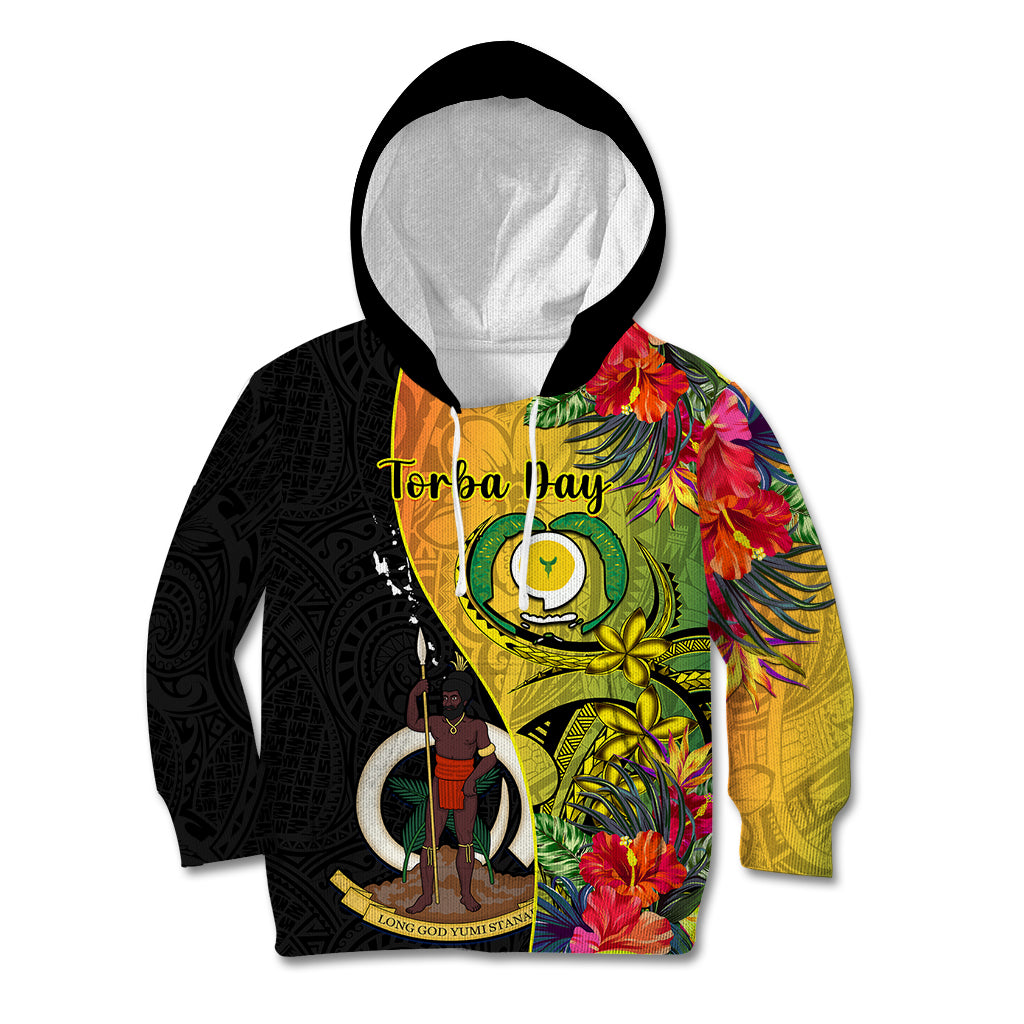 Vanuatu Torba Day Kid Hoodie Coat Of Arms Mix Tropical Flowers - Wonder Print Shop