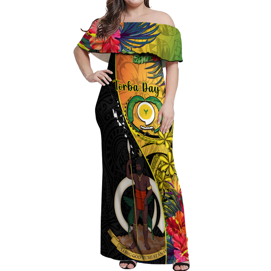 Vanuatu Torba Day Off Shoulder Maxi Dress Coat Of Arms Mix Tropical Flowers - Wonder Print Shop