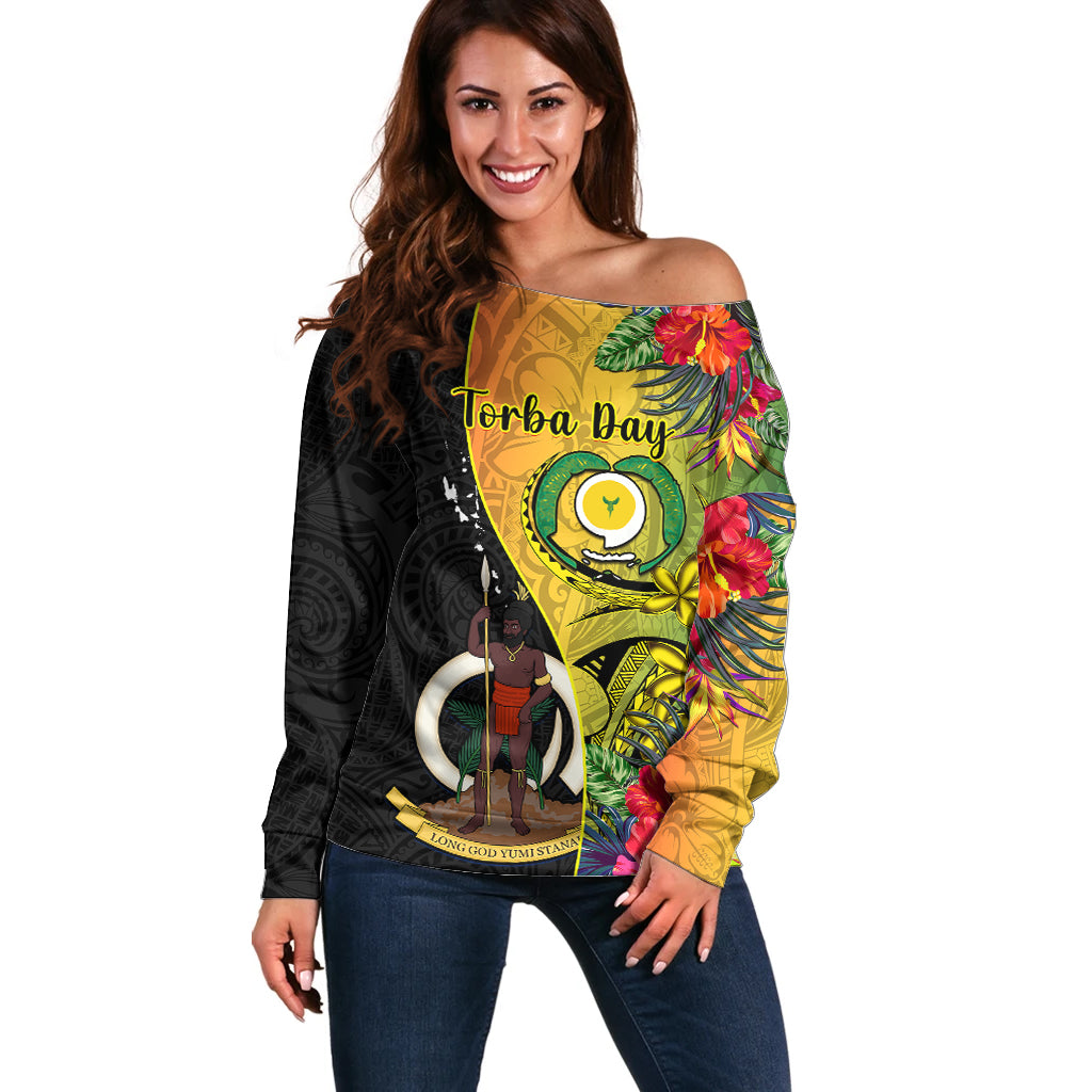 Vanuatu Torba Day Off Shoulder Sweater Coat Of Arms Mix Tropical Flowers - Wonder Print Shop