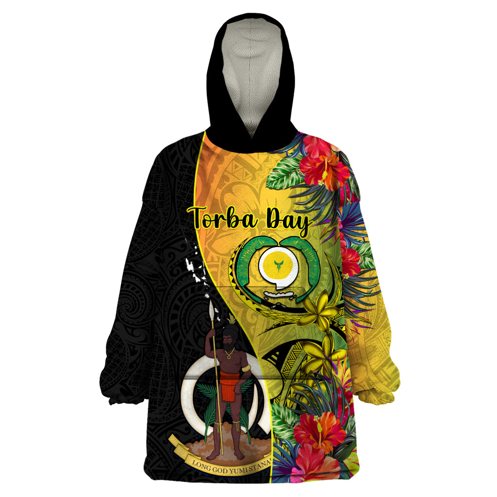 Vanuatu Torba Day Wearable Blanket Hoodie Coat Of Arms Mix Tropical Flowers - Wonder Print Shop