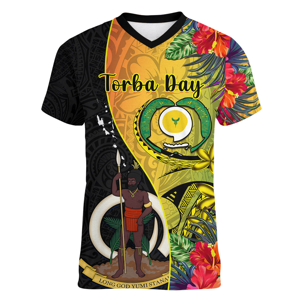 Vanuatu Torba Day Women V Neck T Shirt Coat Of Arms Mix Tropical Flowers - Wonder Print Shop