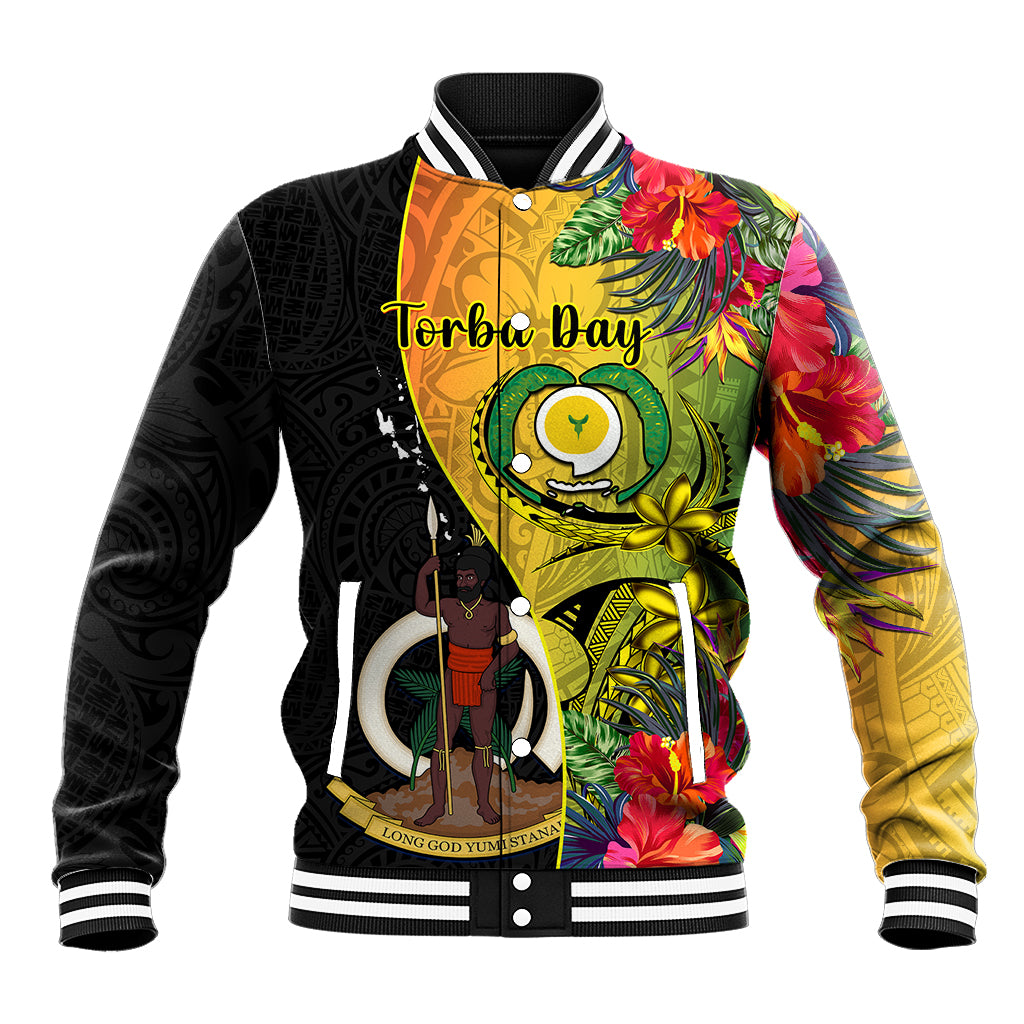 Black baseball jacket with tropical floral and emblem print, snap buttons and ribbed cuffs