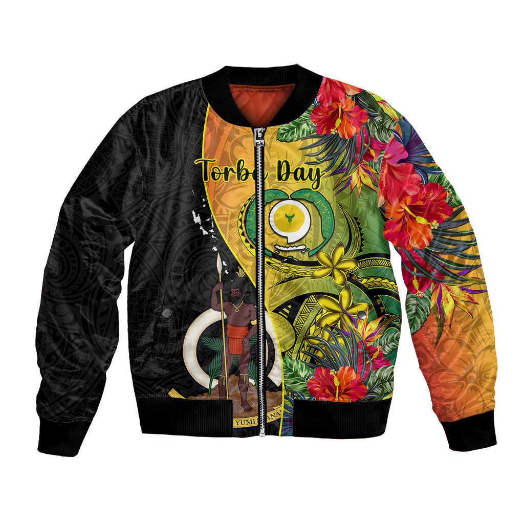 Black bomber jacket with tropical floral patchwork, front zipper, ribbed cuffs and hem.