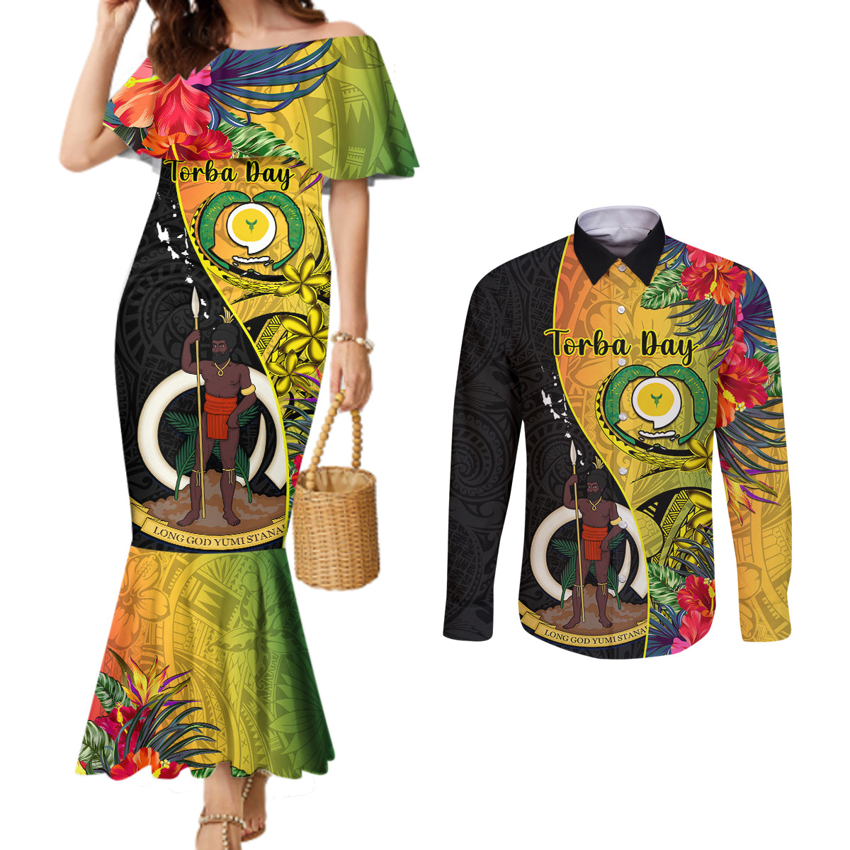 personalised-vanuatu-torba-day-couples-matching-mermaid-dress-and-long-sleeve-button-shirts-coat-of-arms-mix-tropical-flowers