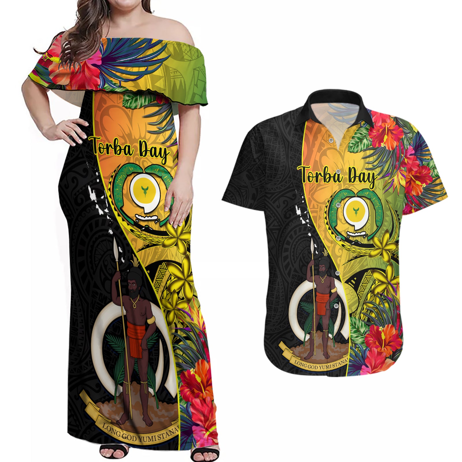 Personalised Vanuatu Torba Day Couples Matching Off Shoulder Maxi Dress and Hawaiian Shirt Coat Of Arms Mix Tropical Flowers - Wonder Print Shop