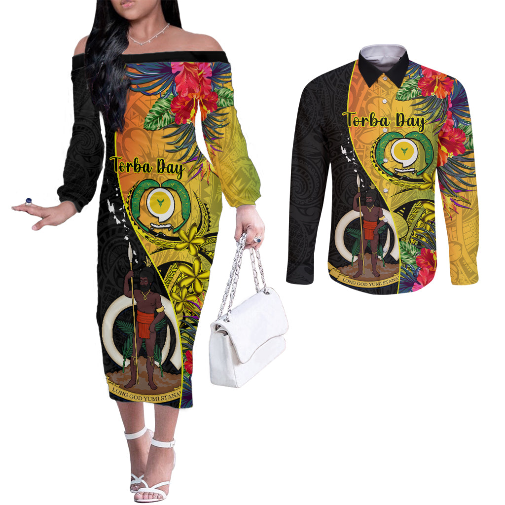 personalised-vanuatu-torba-day-couples-matching-off-the-shoulder-long-sleeve-dress-and-long-sleeve-button-shirts-coat-of-arms-mix-tropical-flowers