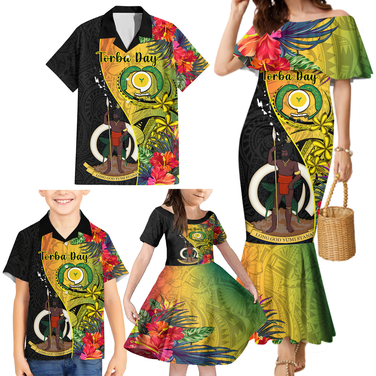 Personalised Vanuatu Torba Day Family Matching Mermaid Dress and Hawaiian Shirt Coat Of Arms Mix Tropical Flowers - Wonder Print Shop