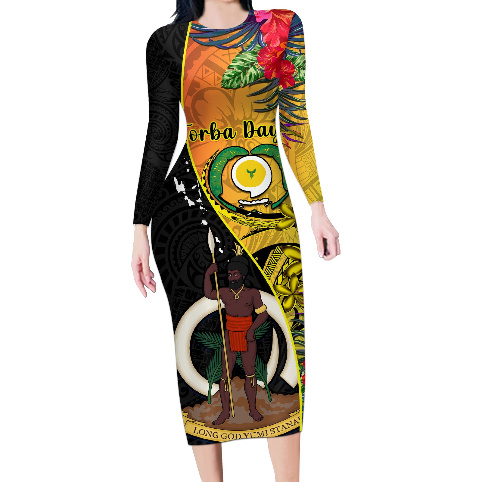 Personalised Vanuatu Torba Day Long Sleeve Bodycon Dress Coat Of Arms Mix Tropical Flowers - Wonder Print Shop