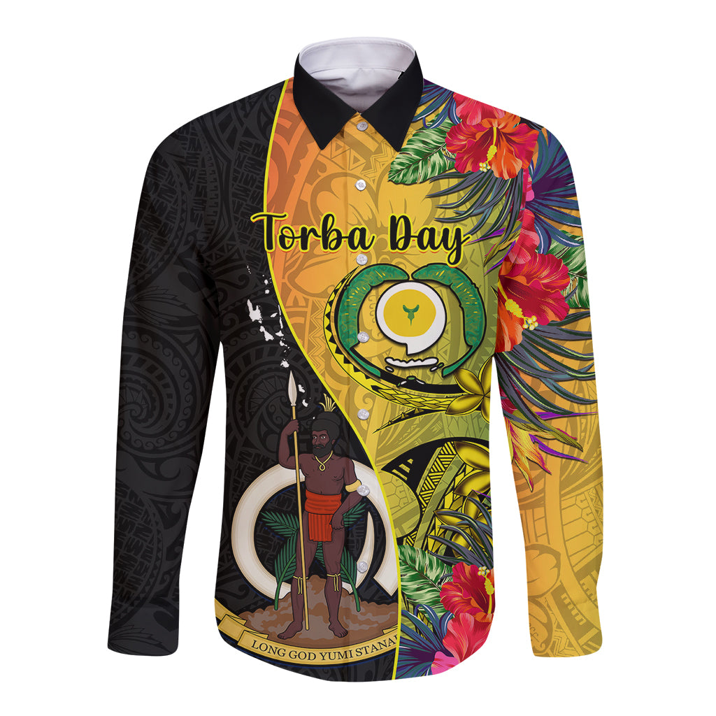 Personalised Vanuatu Torba Day Long Sleeve Button Shirt Coat Of Arms Mix Tropical Flowers - Wonder Print Shop