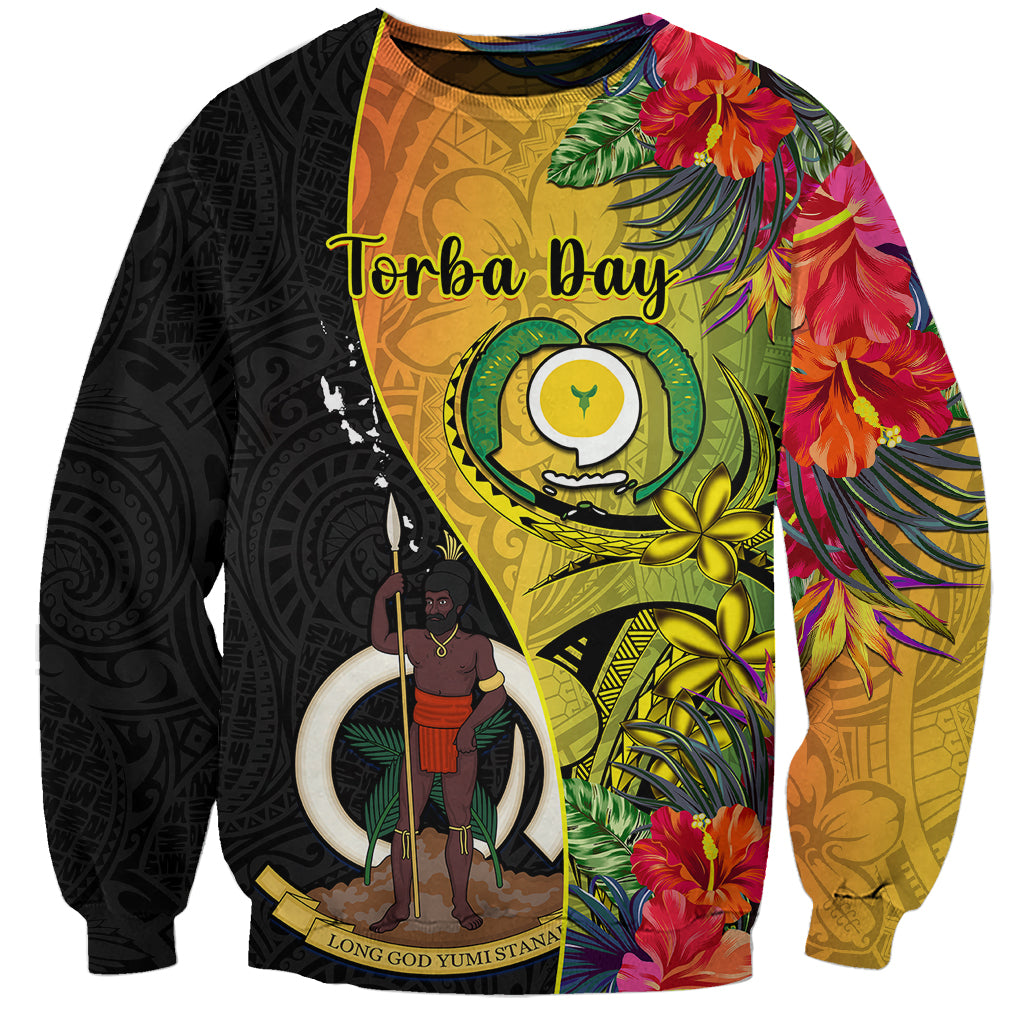 Unisex black sweatshirt with colorful Torba Bay graphic, tropical flowers, crew neck
