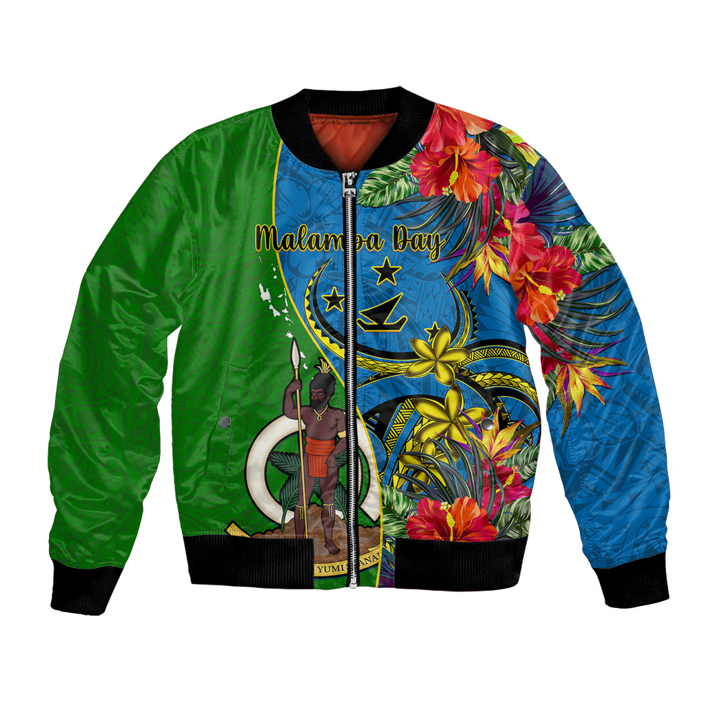 Unisex green and blue bomber jacket with tropical flowers and Malampa Day graphic