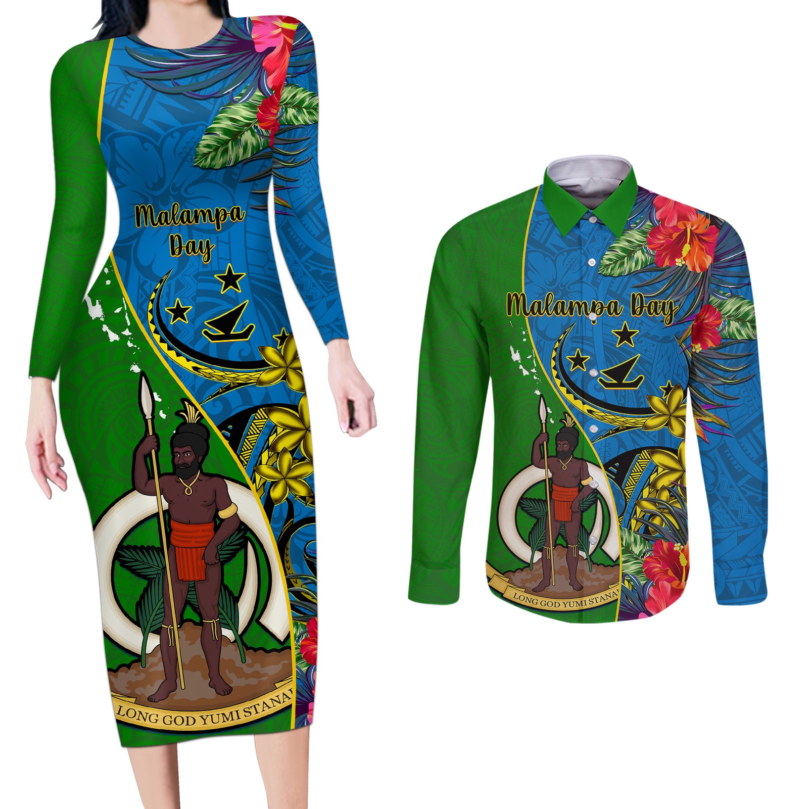 Vanuatu Malampa Day Couples Matching Long Sleeve Bodycon Dress and Long Sleeve Button Shirts Coat Of Arms Mix Tropical Flowers - Wonder Print Shop