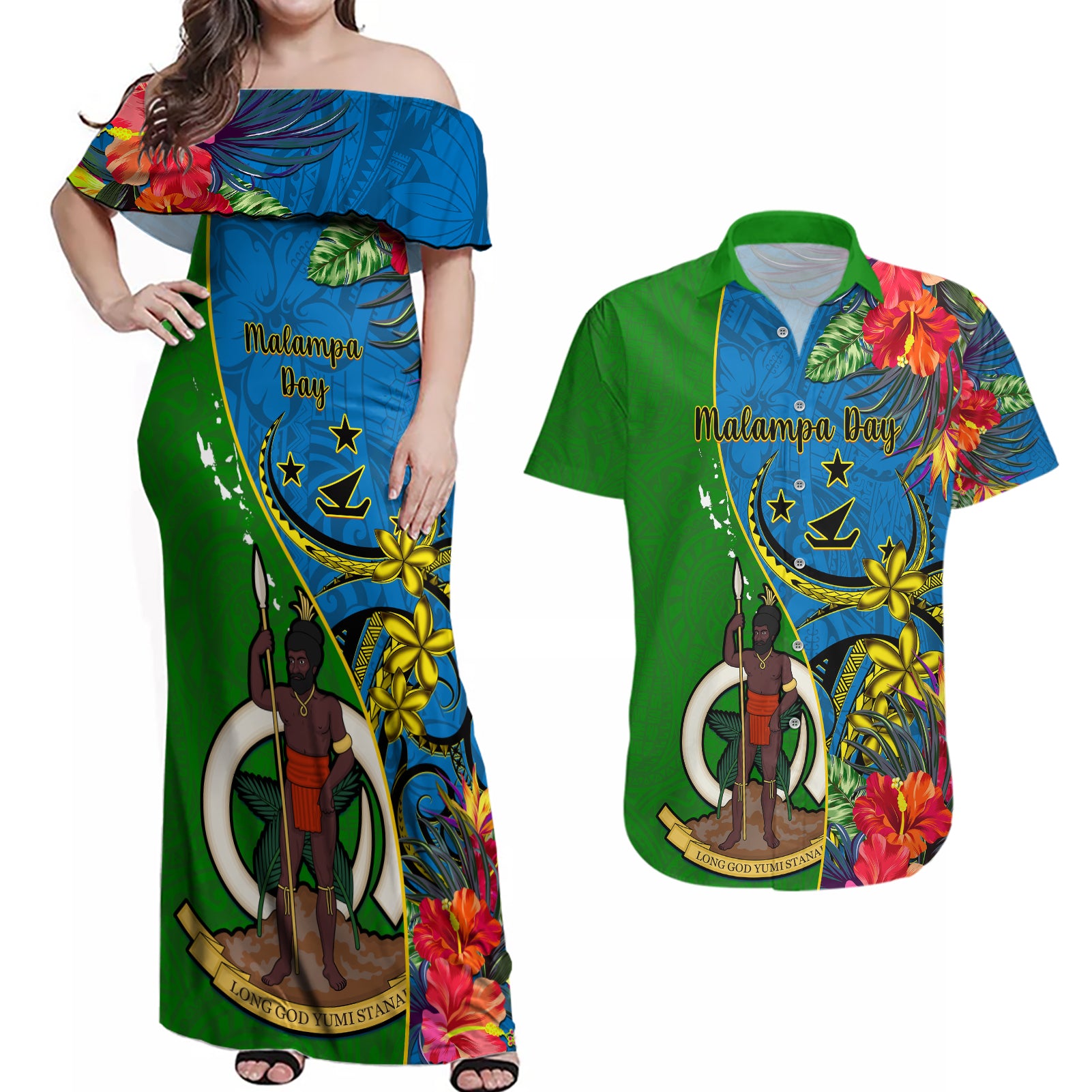 Vanuatu Malampa Day Couples Matching Off Shoulder Maxi Dress and Hawaiian Shirt Coat Of Arms Mix Tropical Flowers - Wonder Print Shop