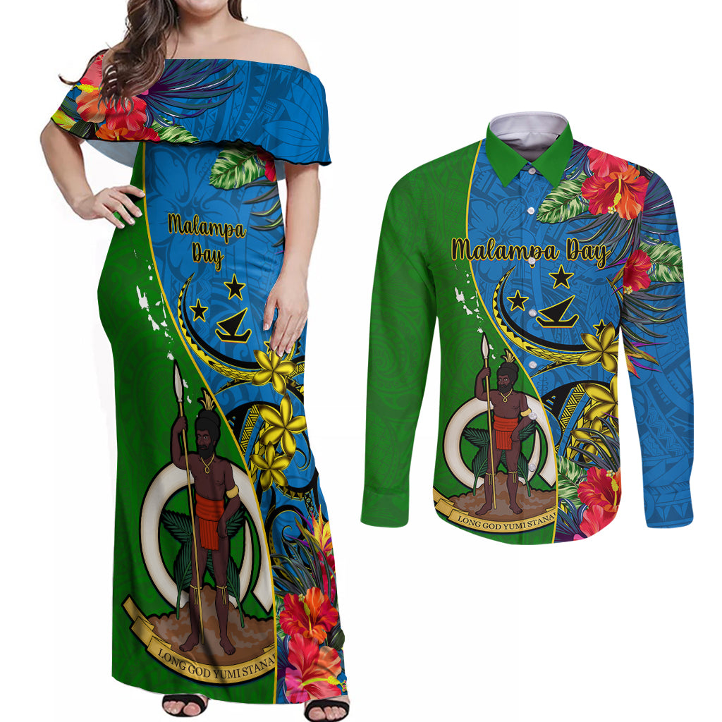 Vanuatu Malampa Day Couples Matching Off Shoulder Maxi Dress and Long Sleeve Button Shirts Coat Of Arms Mix Tropical Flowers - Wonder Print Shop