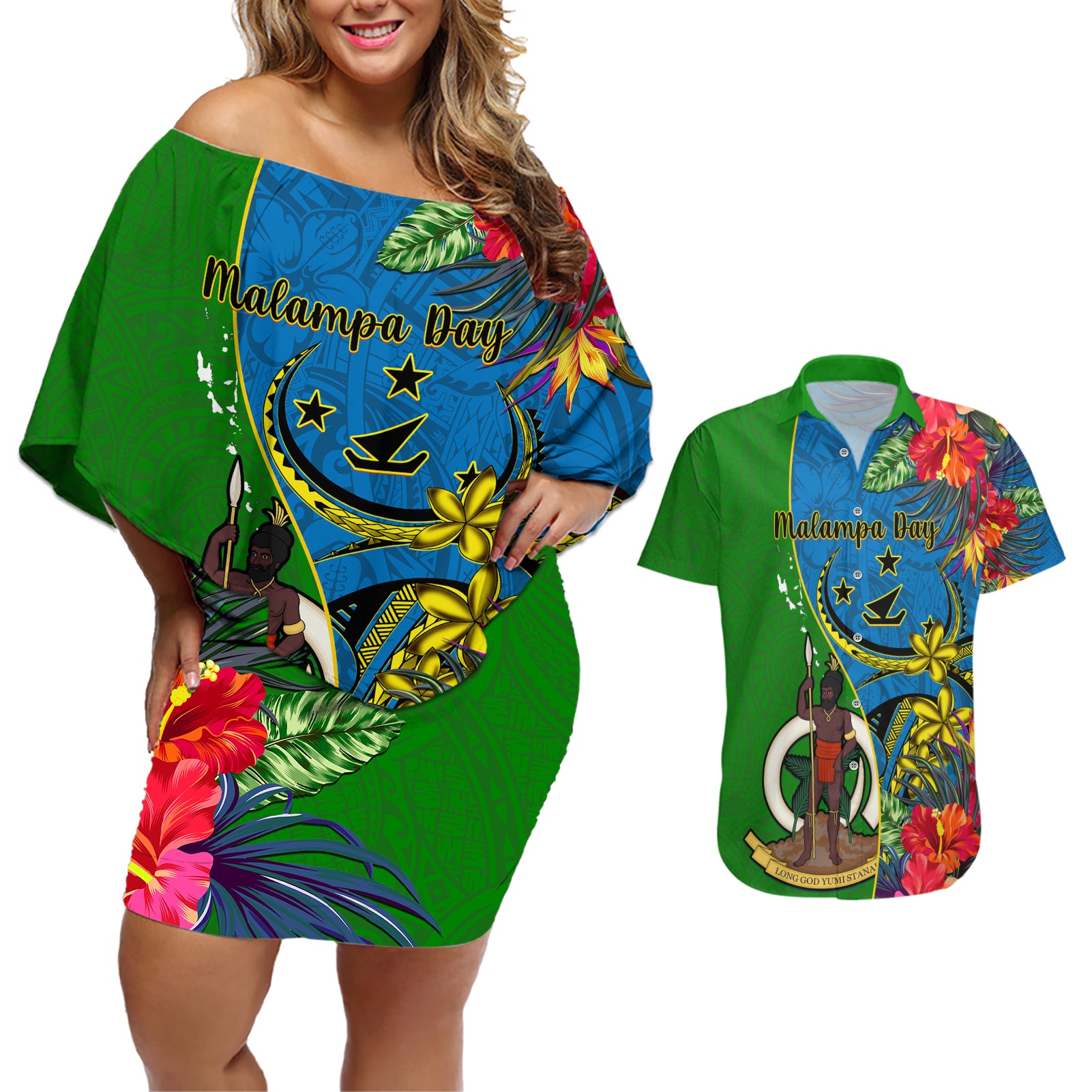 Vanuatu Malampa Day Couples Matching Off Shoulder Short Dress and Hawaiian Shirt Coat Of Arms Mix Tropical Flowers - Wonder Print Shop