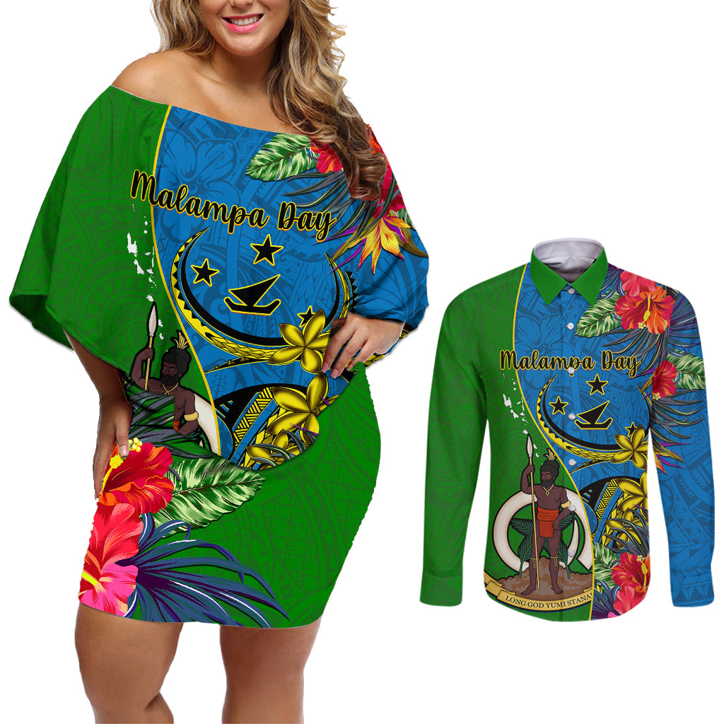 Vanuatu Malampa Day Couples Matching Off Shoulder Short Dress and Long Sleeve Button Shirts Coat Of Arms Mix Tropical Flowers - Wonder Print Shop