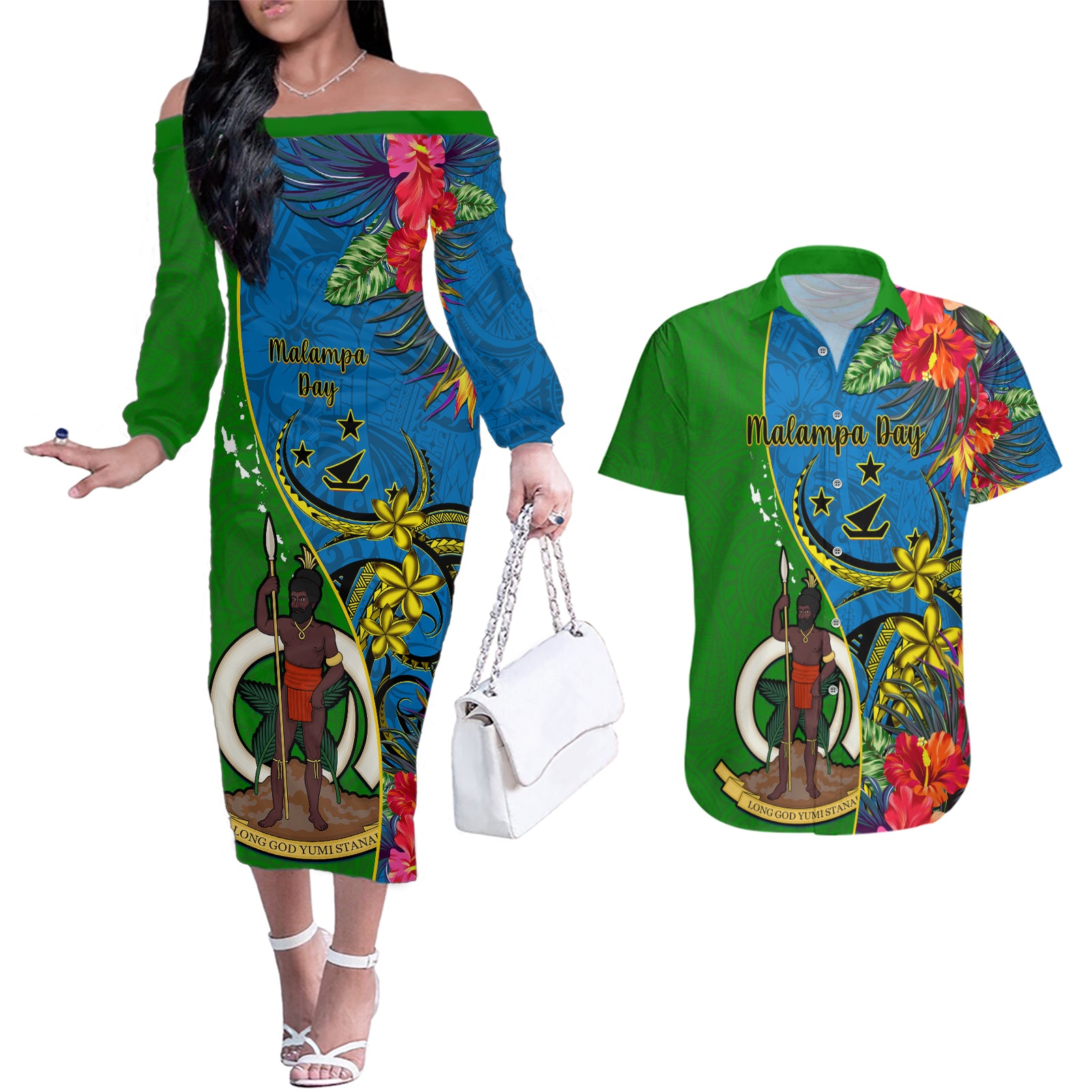 Vanuatu Malampa Day Couples Matching Off The Shoulder Long Sleeve Dress and Hawaiian Shirt Coat Of Arms Mix Tropical Flowers - Wonder Print Shop