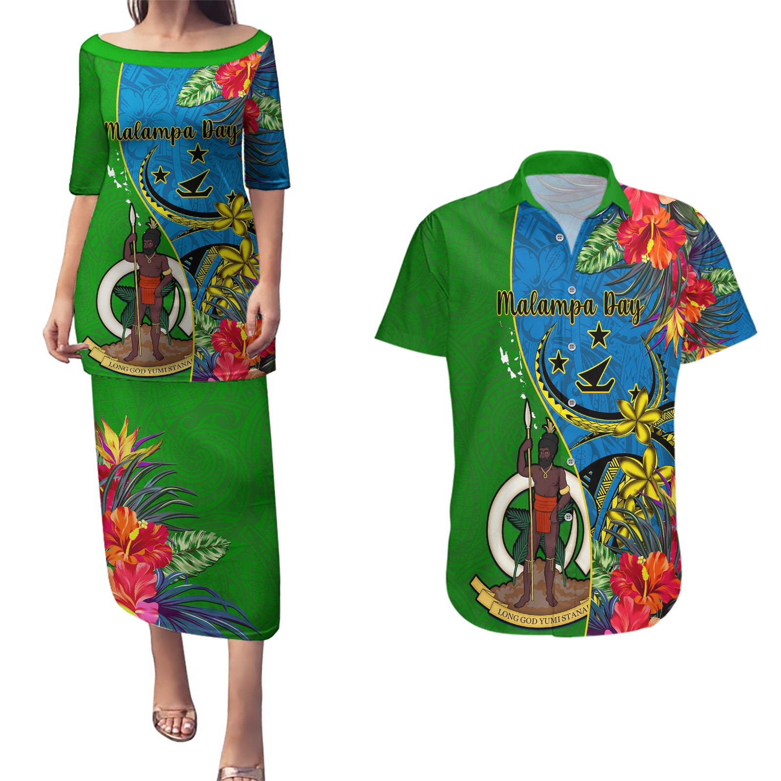 Vanuatu Malampa Day Couples Matching Puletasi Dress and Hawaiian Shirt Coat Of Arms Mix Tropical Flowers - Wonder Print Shop