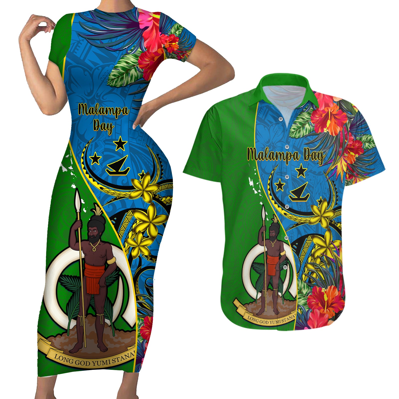 Vanuatu Malampa Day Couples Matching Short Sleeve Bodycon Dress and Hawaiian Shirt Coat Of Arms Mix Tropical Flowers - Wonder Print Shop