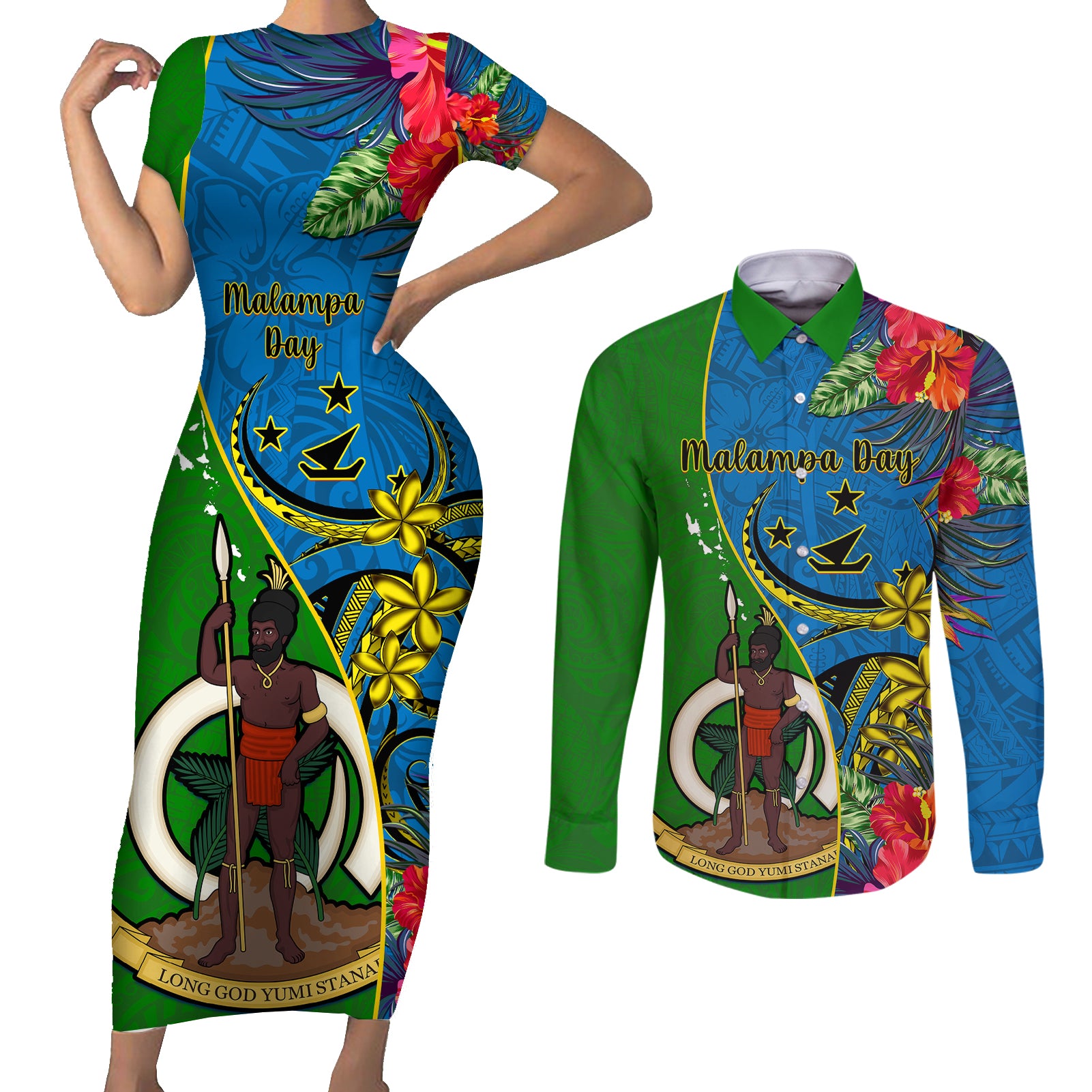 Vanuatu Malampa Day Couples Matching Short Sleeve Bodycon Dress and Long Sleeve Button Shirts Coat Of Arms Mix Tropical Flowers - Wonder Print Shop