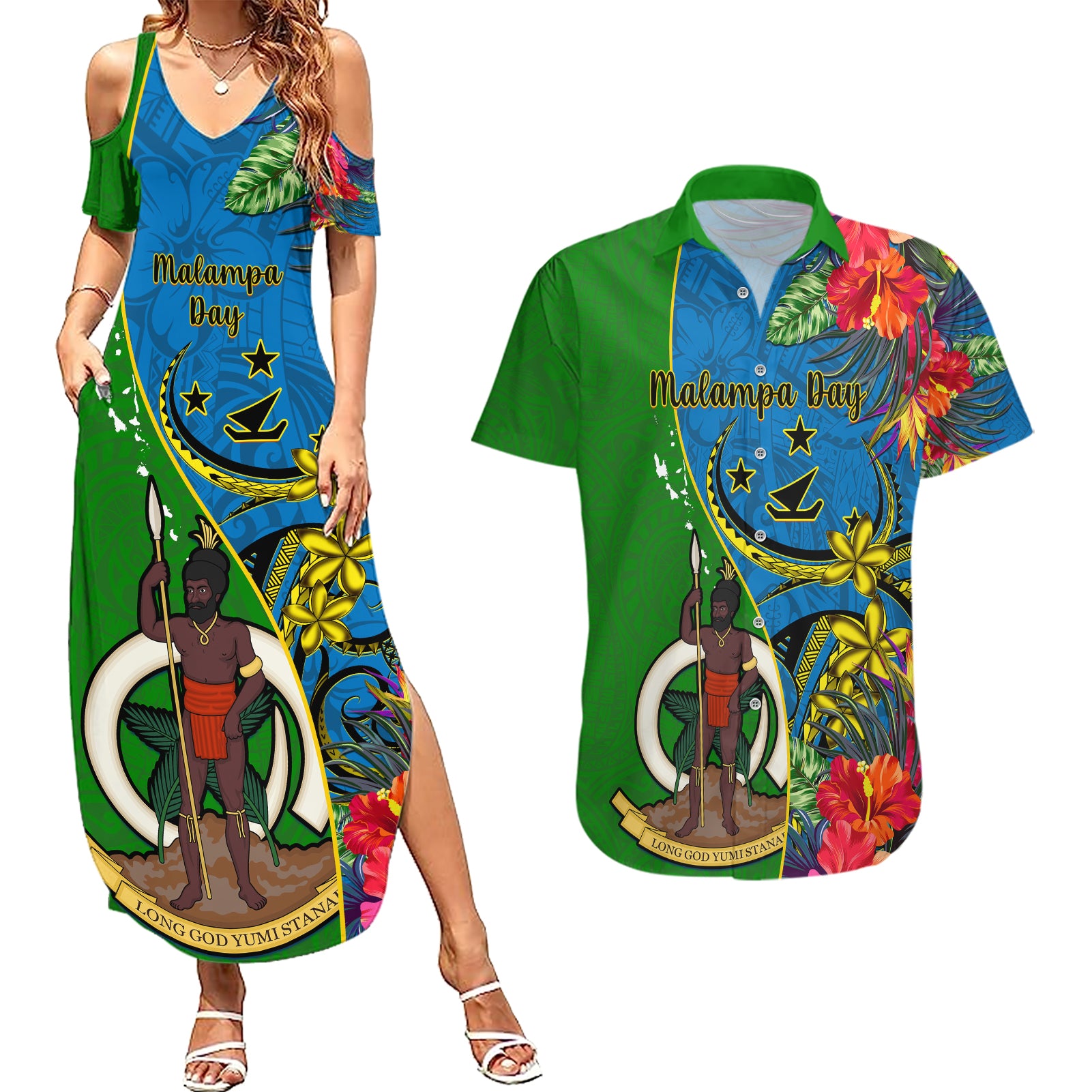 Vanuatu Malampa Day Couples Matching Summer Maxi Dress and Hawaiian Shirt Coat Of Arms Mix Tropical Flowers - Wonder Print Shop