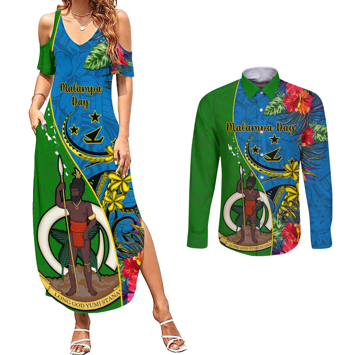 Vanuatu Malampa Day Couples Matching Summer Maxi Dress and Long Sleeve Button Shirts Coat Of Arms Mix Tropical Flowers - Wonder Print Shop