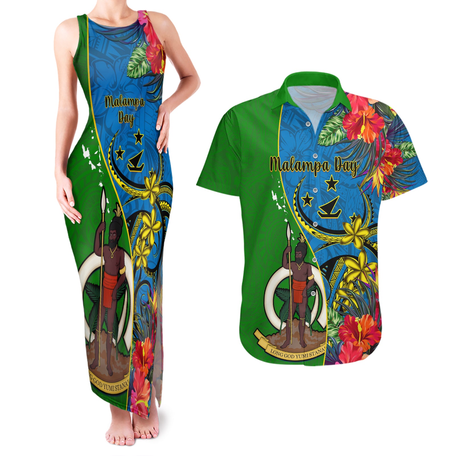 Vanuatu Malampa Day Couples Matching Tank Maxi Dress and Hawaiian Shirt Coat Of Arms Mix Tropical Flowers - Wonder Print Shop