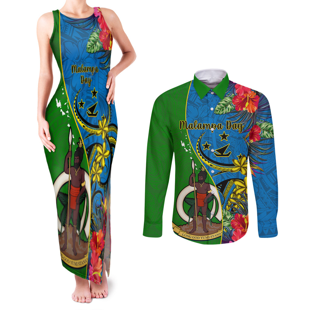 Vanuatu Malampa Day Couples Matching Tank Maxi Dress and Long Sleeve Button Shirts Coat Of Arms Mix Tropical Flowers - Wonder Print Shop