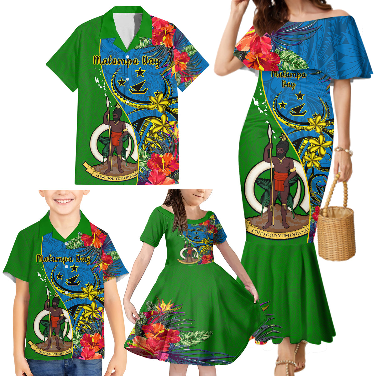 Vanuatu Malampa Day Family Matching Mermaid Dress and Hawaiian Shirt Coat Of Arms Mix Tropical Flowers - Wonder Print Shop