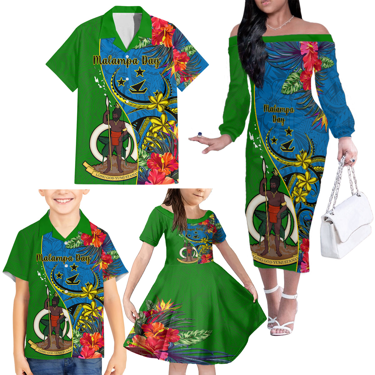 Vanuatu Malampa Day Family Matching Off Shoulder Long Sleeve Dress and Hawaiian Shirt Coat Of Arms Mix Tropical Flowers - Wonder Print Shop