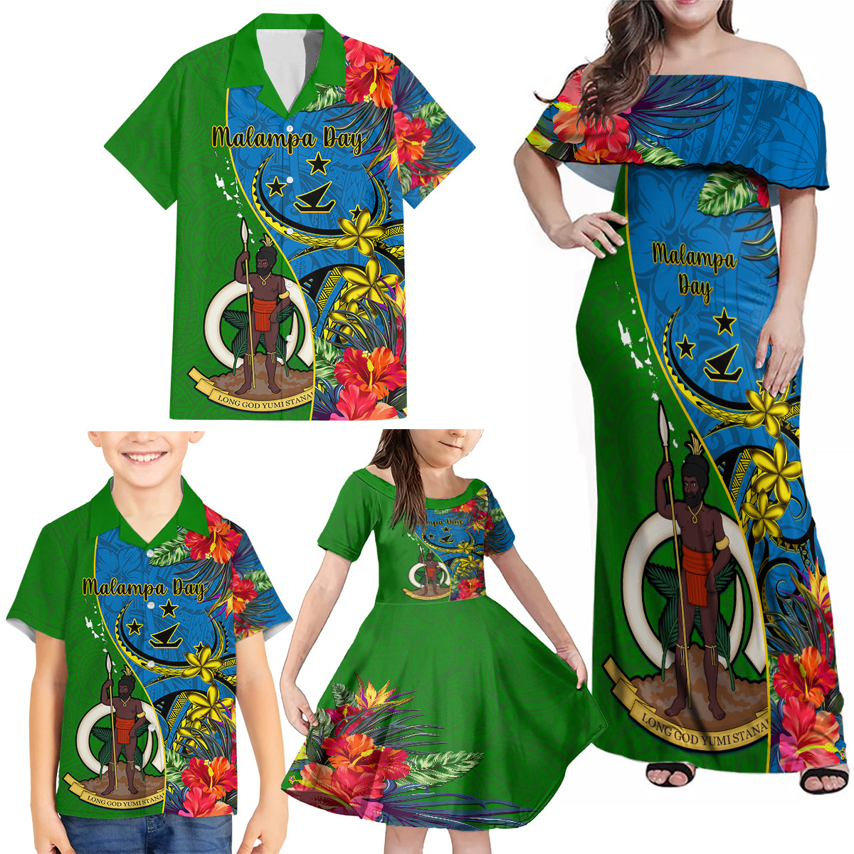 Vanuatu Malampa Day Family Matching Off Shoulder Maxi Dress and Hawaiian Shirt Coat Of Arms Mix Tropical Flowers - Wonder Print Shop