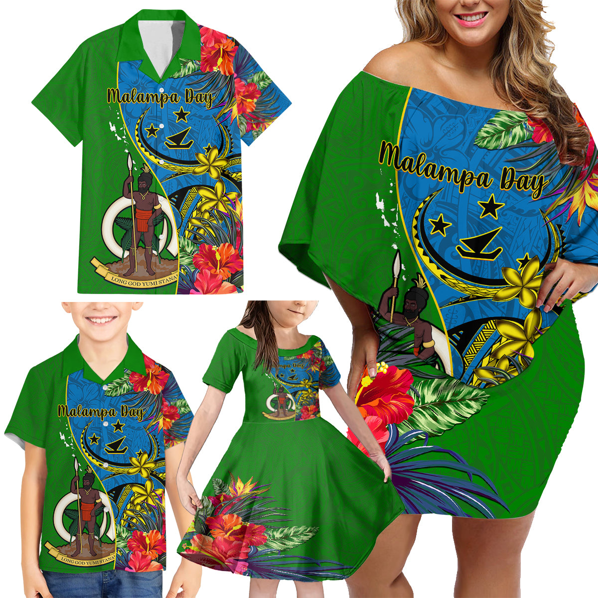 Vanuatu Malampa Day Family Matching Off Shoulder Short Dress and Hawaiian Shirt Coat Of Arms Mix Tropical Flowers - Wonder Print Shop