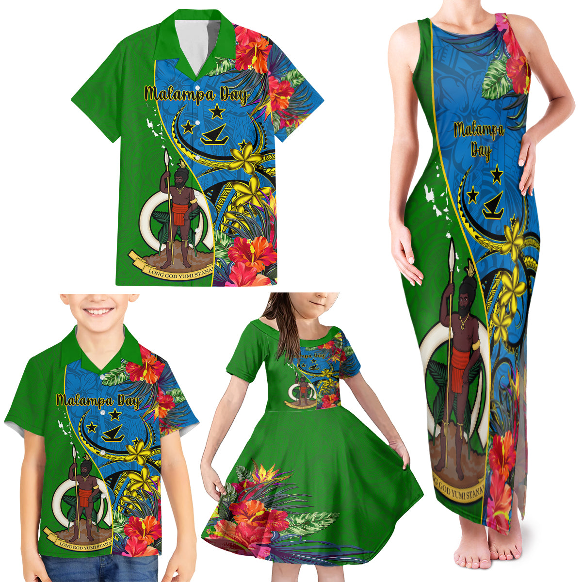 Vanuatu Malampa Day Family Matching Tank Maxi Dress and Hawaiian Shirt Coat Of Arms Mix Tropical Flowers - Wonder Print Shop