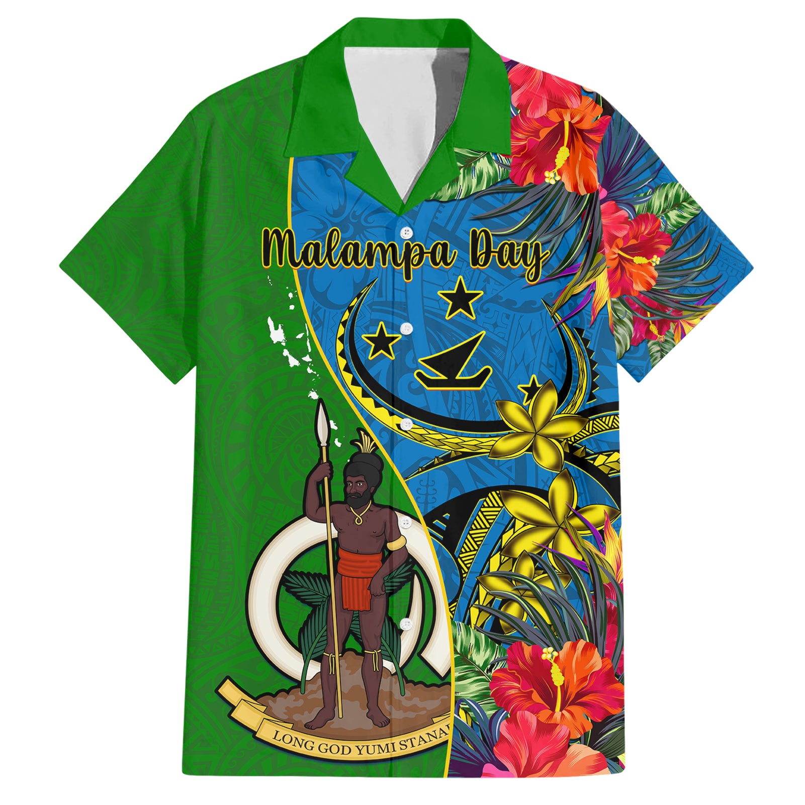 Vanuatu Malampa Day Hawaiian Shirt Coat Of Arms Mix Tropical Flowers - Wonder Print Shop