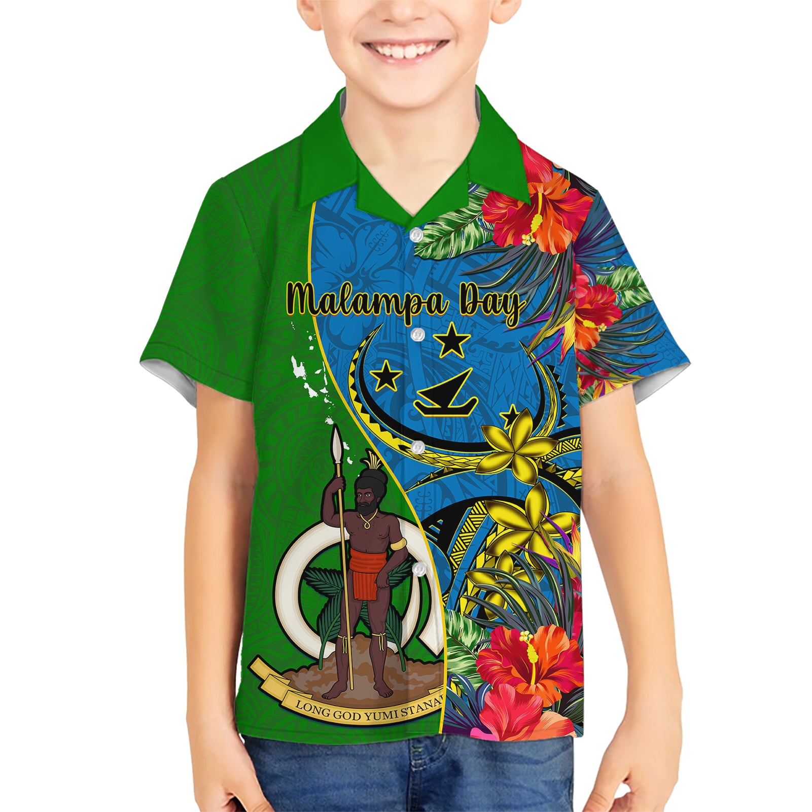 Vanuatu Malampa Day Kid Hawaiian Shirt Coat Of Arms Mix Tropical Flowers - Wonder Print Shop