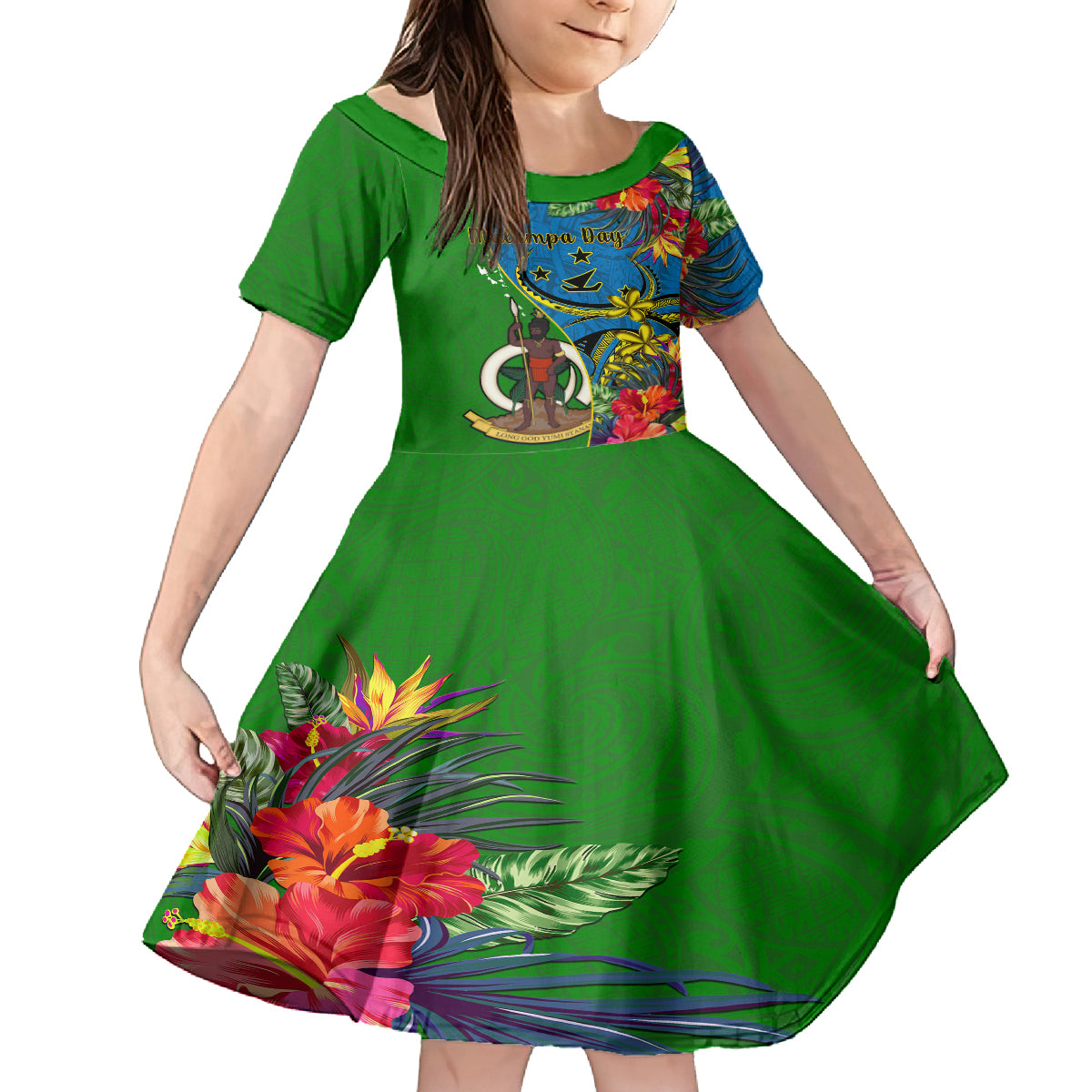 Vanuatu Malampa Day Kid Short Sleeve Dress Coat Of Arms Mix Tropical Flowers - Wonder Print Shop