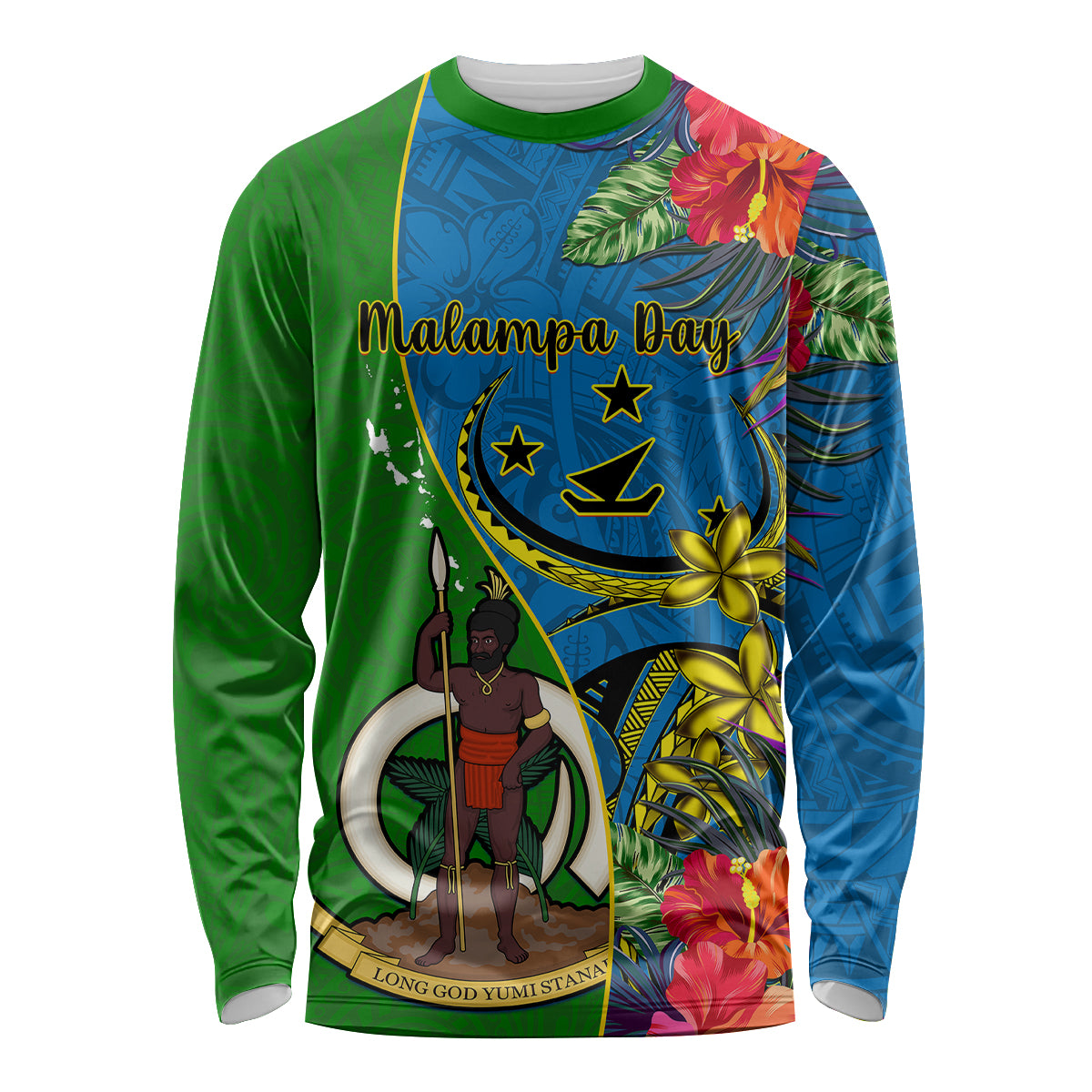 Vanuatu Malampa Day Long Sleeve Shirt Coat Of Arms Mix Tropical Flowers - Wonder Print Shop