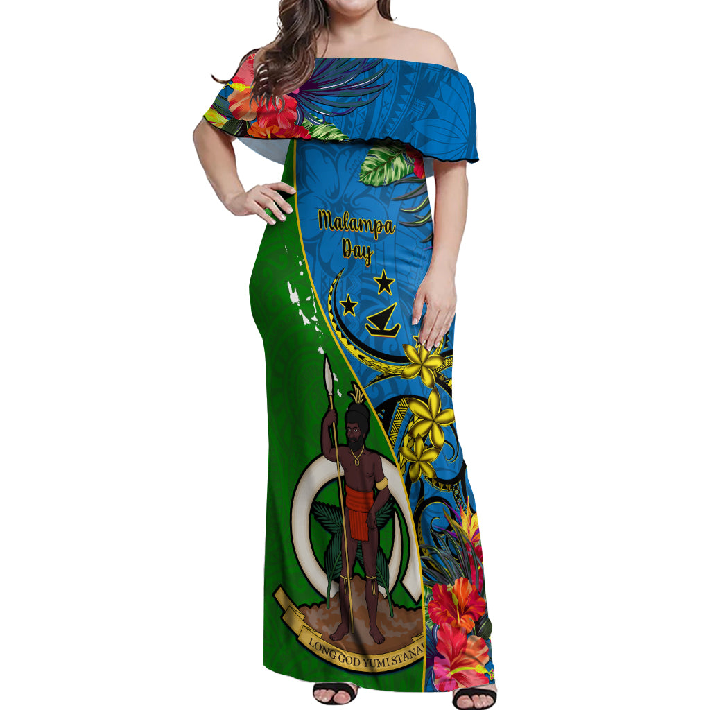 Vanuatu Malampa Day Off Shoulder Maxi Dress Coat Of Arms Mix Tropical Flowers - Wonder Print Shop