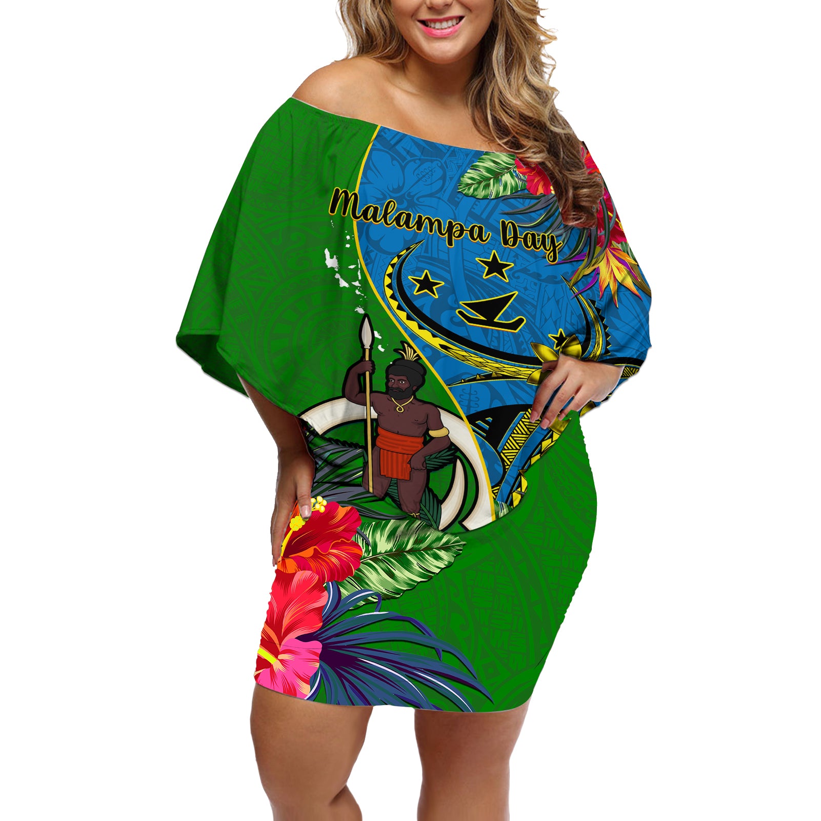 Vanuatu Malampa Day Off Shoulder Short Dress Coat Of Arms Mix Tropical Flowers - Wonder Print Shop