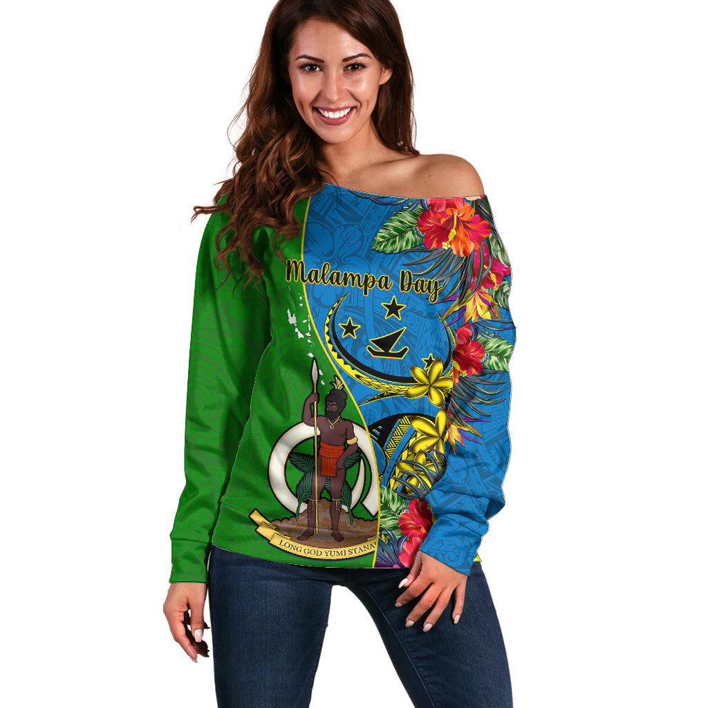 Vanuatu Malampa Day Off Shoulder Sweater Coat Of Arms Mix Tropical Flowers - Wonder Print Shop