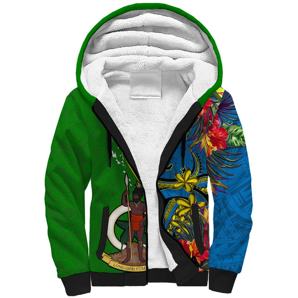 Vanuatu Malampa Day Sherpa Hoodie Coat Of Arms Mix Tropical Flowers - Wonder Print Shop