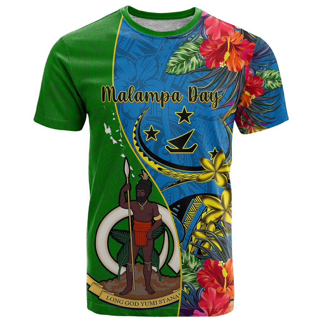 Vanuatu Malampa Day T Shirt Coat Of Arms Mix Tropical Flowers - Wonder Print Shop