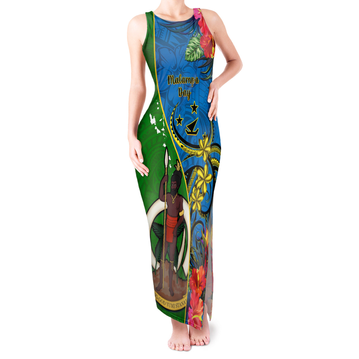 Vanuatu Malampa Day Tank Maxi Dress Coat Of Arms Mix Tropical Flowers - Wonder Print Shop