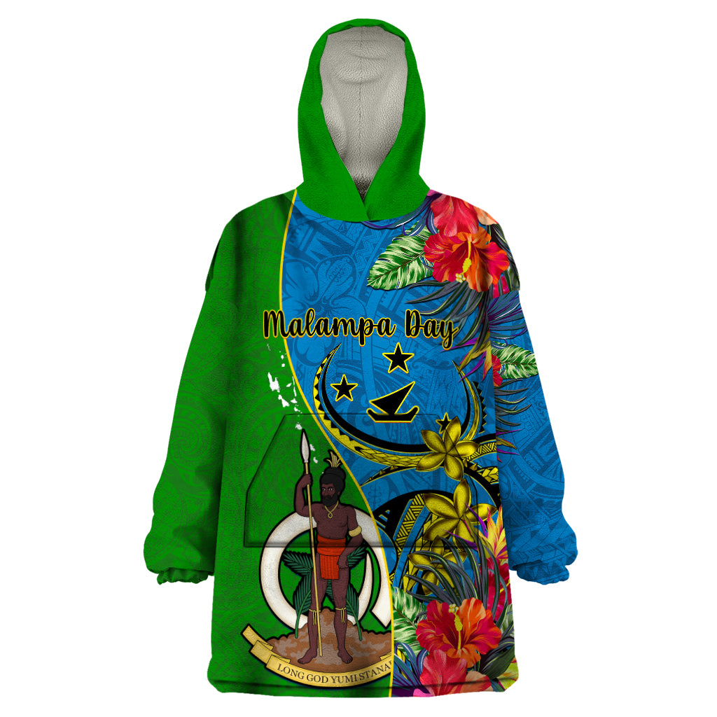 Vanuatu Malampa Day Wearable Blanket Hoodie Coat Of Arms Mix Tropical Flowers - Wonder Print Shop