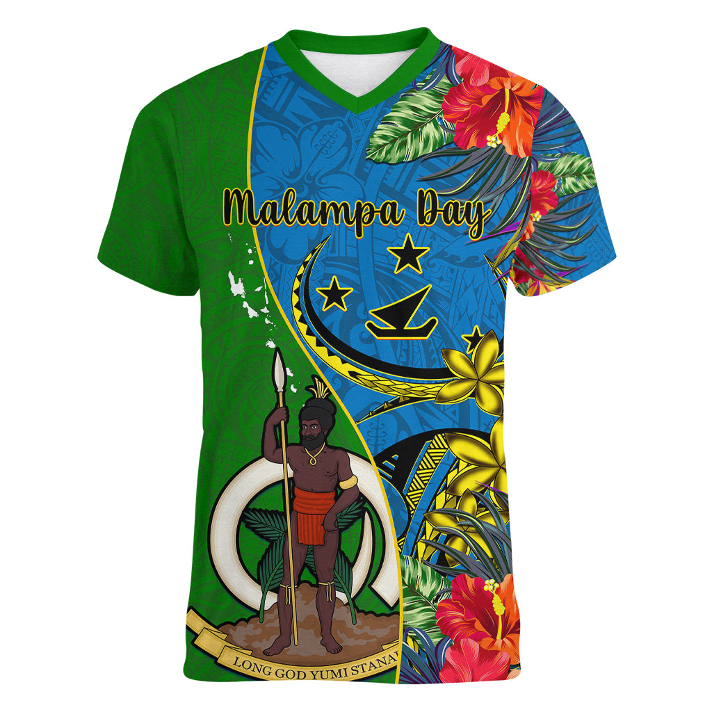 Vanuatu Malampa Day Women V Neck T Shirt Coat Of Arms Mix Tropical Flowers - Wonder Print Shop